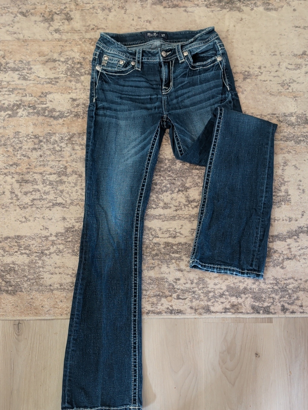 Miss Me Dark Blue Bootcut Jeans with Contrast Stitching